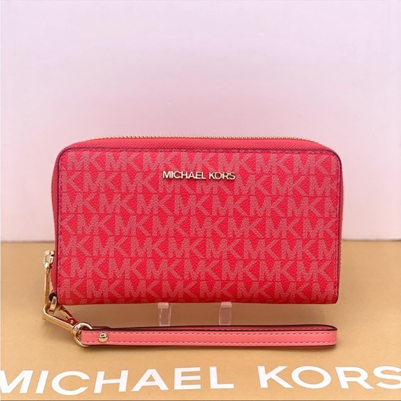 Michael Kors Jet Set Travel Large Phone Case Wristlet Wallet Coral Reef - Picture 3 of 13